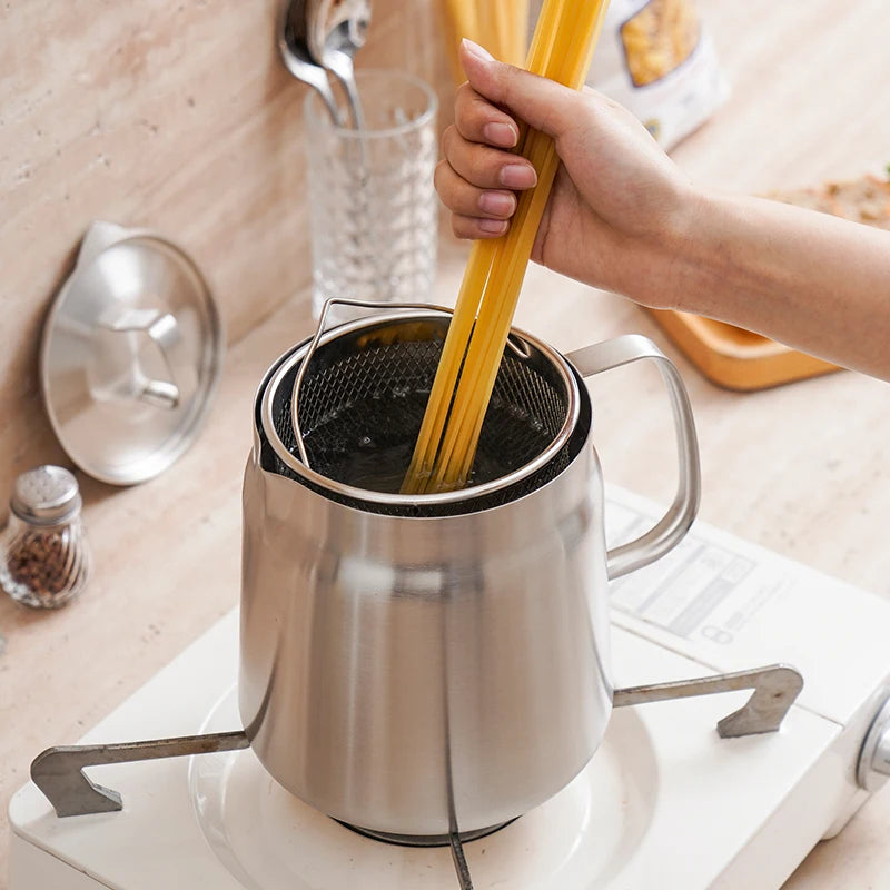 2L Stainless Steel Oil Filter Pot with Fine Mesh Strainer, Grease Storage Can, and Fry Basket