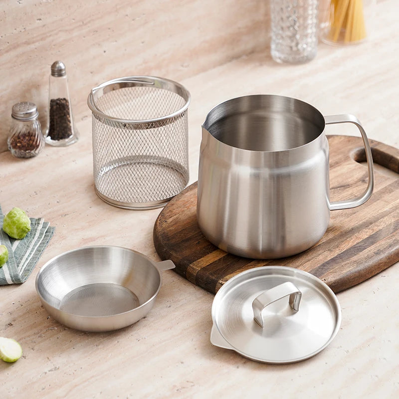 2L Stainless Steel Oil Filter Pot with Fine Mesh Strainer, Grease Storage Can, and Fry Basket