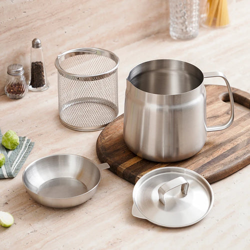 2L Stainless Steel Oil Filter Pot with Fine Mesh Strainer, Grease Storage Can, and Fry Basket