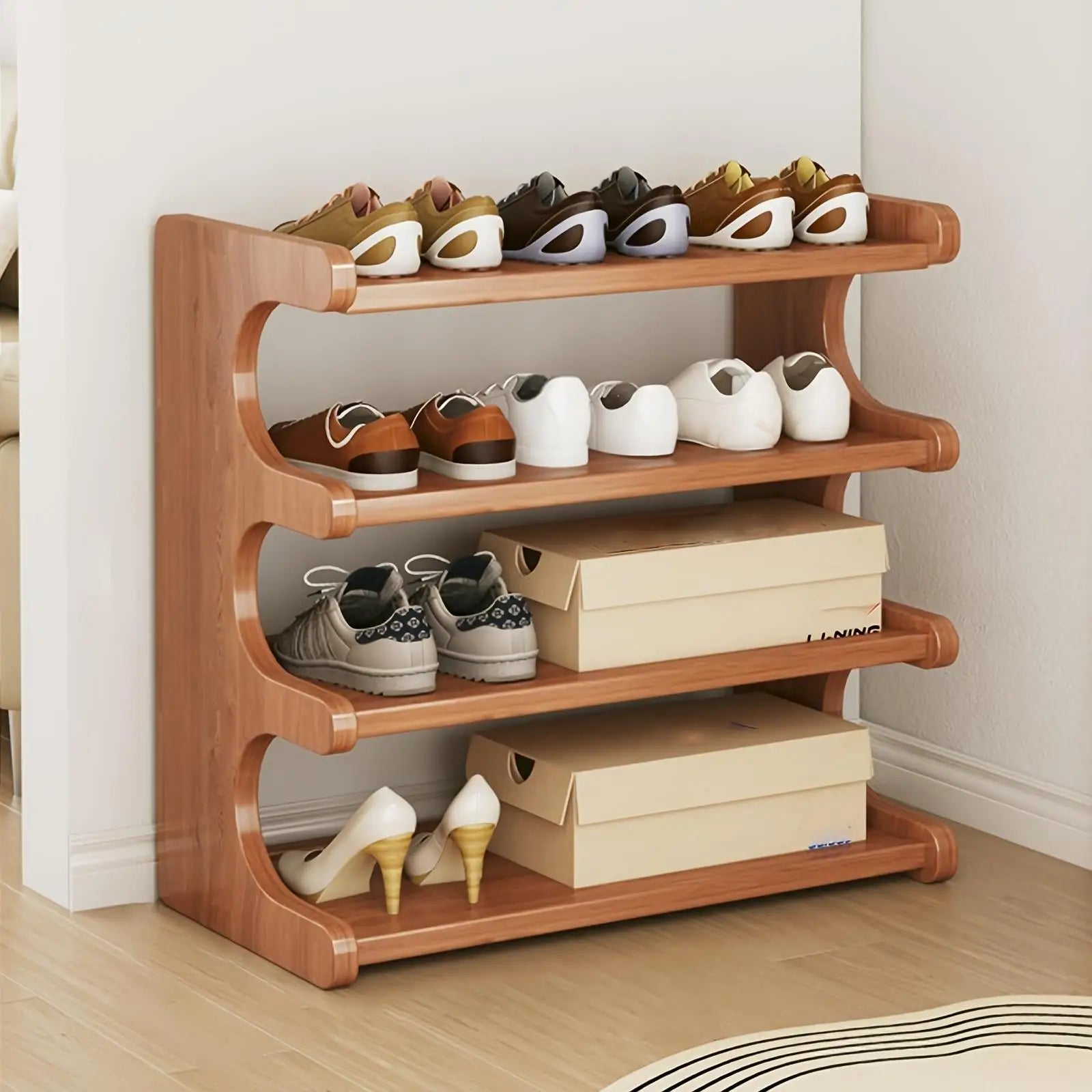 4-Tier Stackable Wooden Shoe Rack – Space-Saving Home Organizer